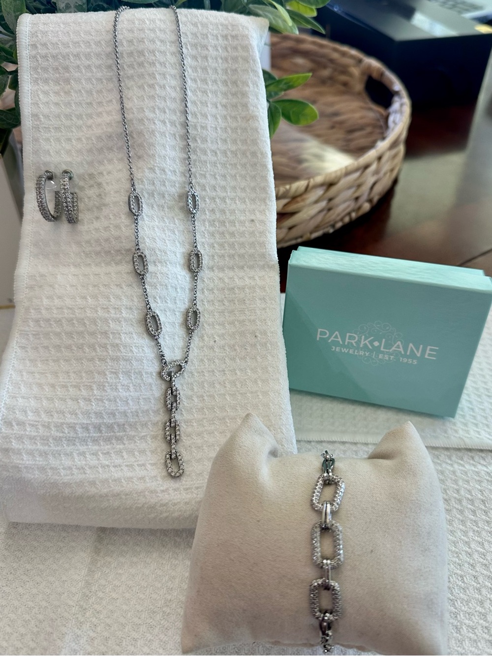 Park Lane Silver Crystal 3-Piece Jewelry Set – Necklace, Bracelet & Hoops